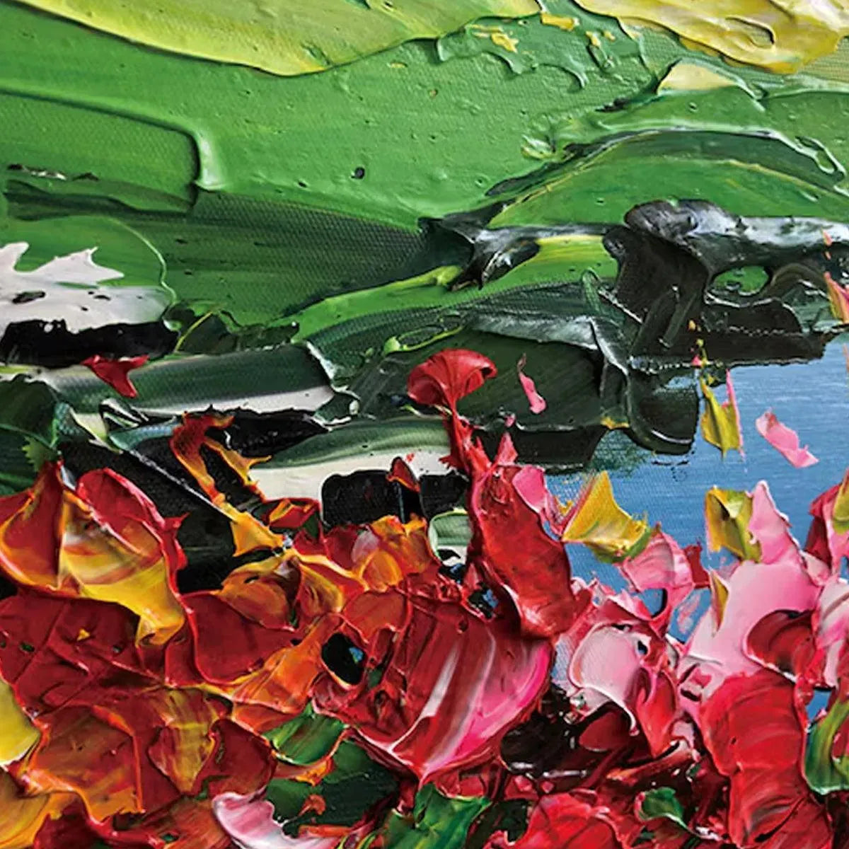 Elodie Dubois' impressionist coastal painting: detailed impasto texture, vibrant flowers, thick brushwork.