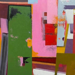 Abstract Urban Scene by Willow Davies: Colorful abstract painting with a green door and city elements.