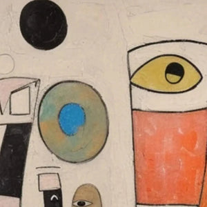 Whimsical Forms abstract painting by Willow Davies, with eye and circle shapes in bold colors. Modern wall art for home decor