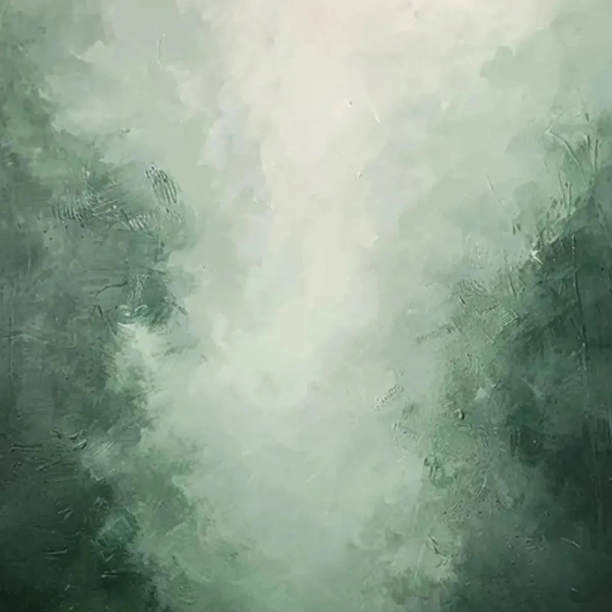 Misty Green Forest painting by Liam O'Connell, vertical wall art, atmospheric forest landscape with green hues, home decor.