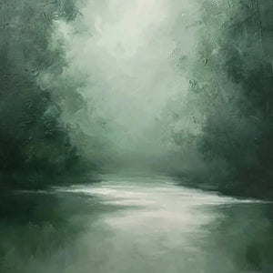 Misty Green Forest by Liam O'Connell: vertical wall art, green landscape with water, atmospheric oil painting.