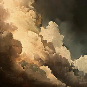 Liam O'Connell's Evening Clouds painting: vertical cloudscape with warm tones and textured brushstrokes for wall art.