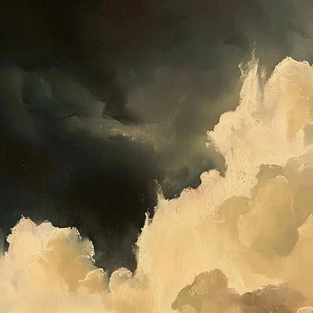 Liam O'Connell Stormy Skies cloudscape painting: vertical art, dark storm clouds, bright textured clouds, oil on canvas.