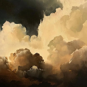 Liam O'Connell's 'Stormy Skies' painting: Textured cloudscape, vertical wall art with dark and light hues, oil on canvas.