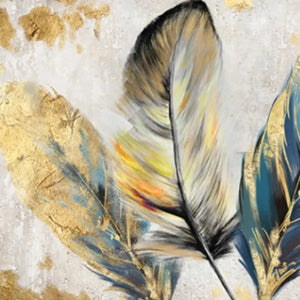 Three textured feathers with gold leaf: golden yellow, teal blue, gray. Close-up, visible brushstrokes.