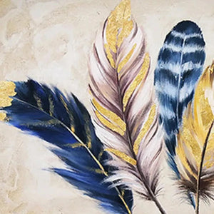 Golden Feathers painting by Elodie Dubois, elegant feather artwork in blue, gold, and white tones, perfect for wall decor.