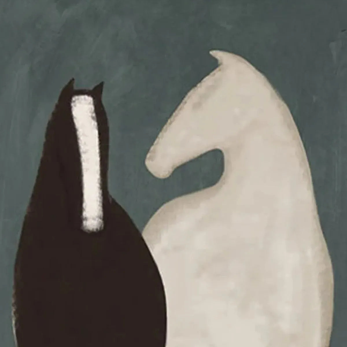 Minimalist horse painting by Javier Ramirez, black and white horse silhouettes on teal background, vertical wall art