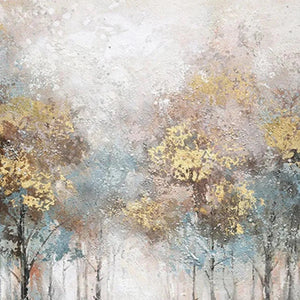 Golden Forest Path painting by Liam O'Connell. Textured forest landscape in gold, blue, and grey tones for vertical wall art.