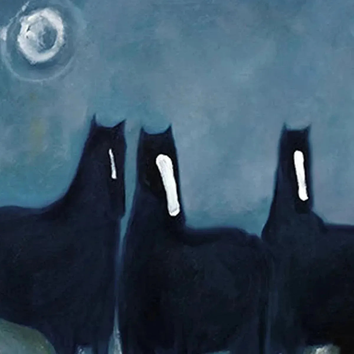 Minimalist horse painting by Javier Ramirez featuring three dark horses against a blue night sky, vertical wall art
