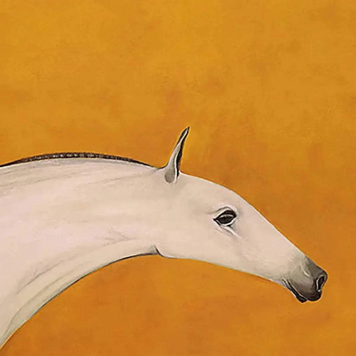 Minimalist white horse on yellow painting by Javier Ramirez. Vertical wall art. Modern art piece.