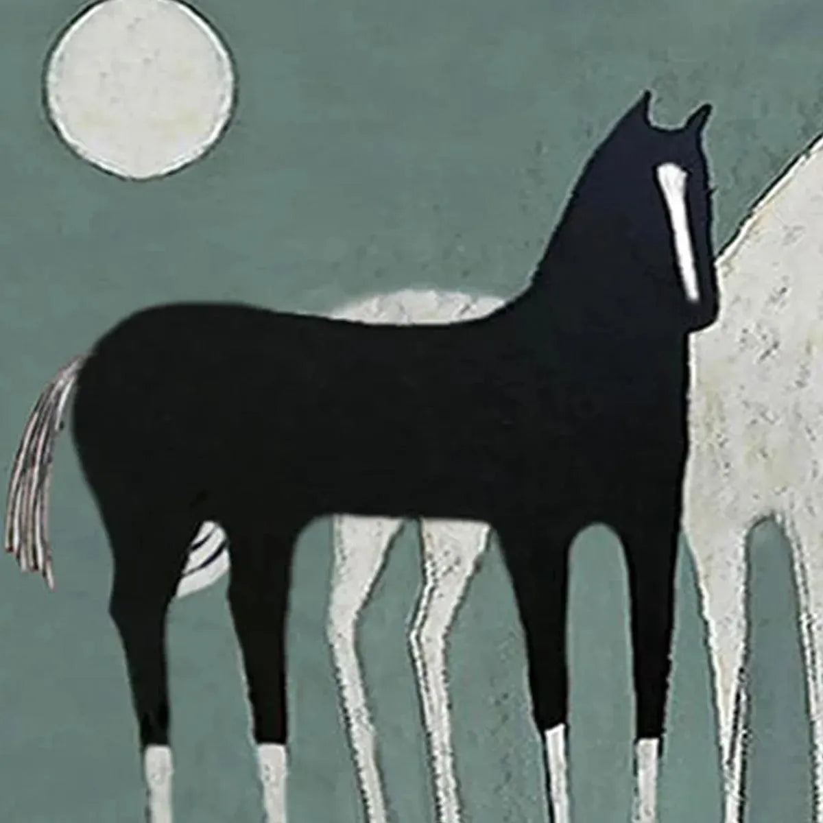 Javier Ramirez's minimalist Three Horses Under the Moon painting. Modern panoramic art with black and white horses.