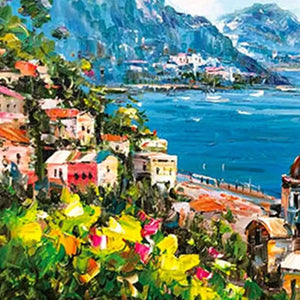 Impasto oil painting of colorful Mediterranean town, hillside houses, blue sea, mountains, flowers. Panoramic wall art.