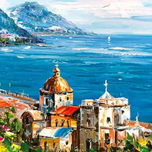 Impasto painting of Mediterranean town, colorful buildings, dome, blue sea, mountains. Textured brushstrokes.