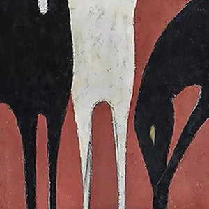 Minimalist vertical painting: white horse and two black horses on textured red background. Abstract wall art.