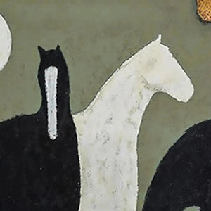 Minimalist painting of three horses, one white and two black, on a sage green background. Vertical wall art for home decor.