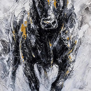 Textured impasto painting of a charging bull in black, white, and gold accents. Vertical wall art.