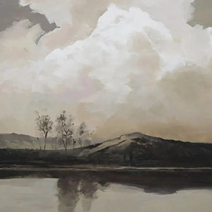 Liam O'Connell's Cloudy Landscape: Vertical art with muted tones, cloud and lake scene, for wall decor.
