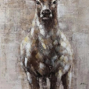 MAJESTIC STAG textured painting by Ethan Walker, vertical wall art with neutral tones and detailed antlers.