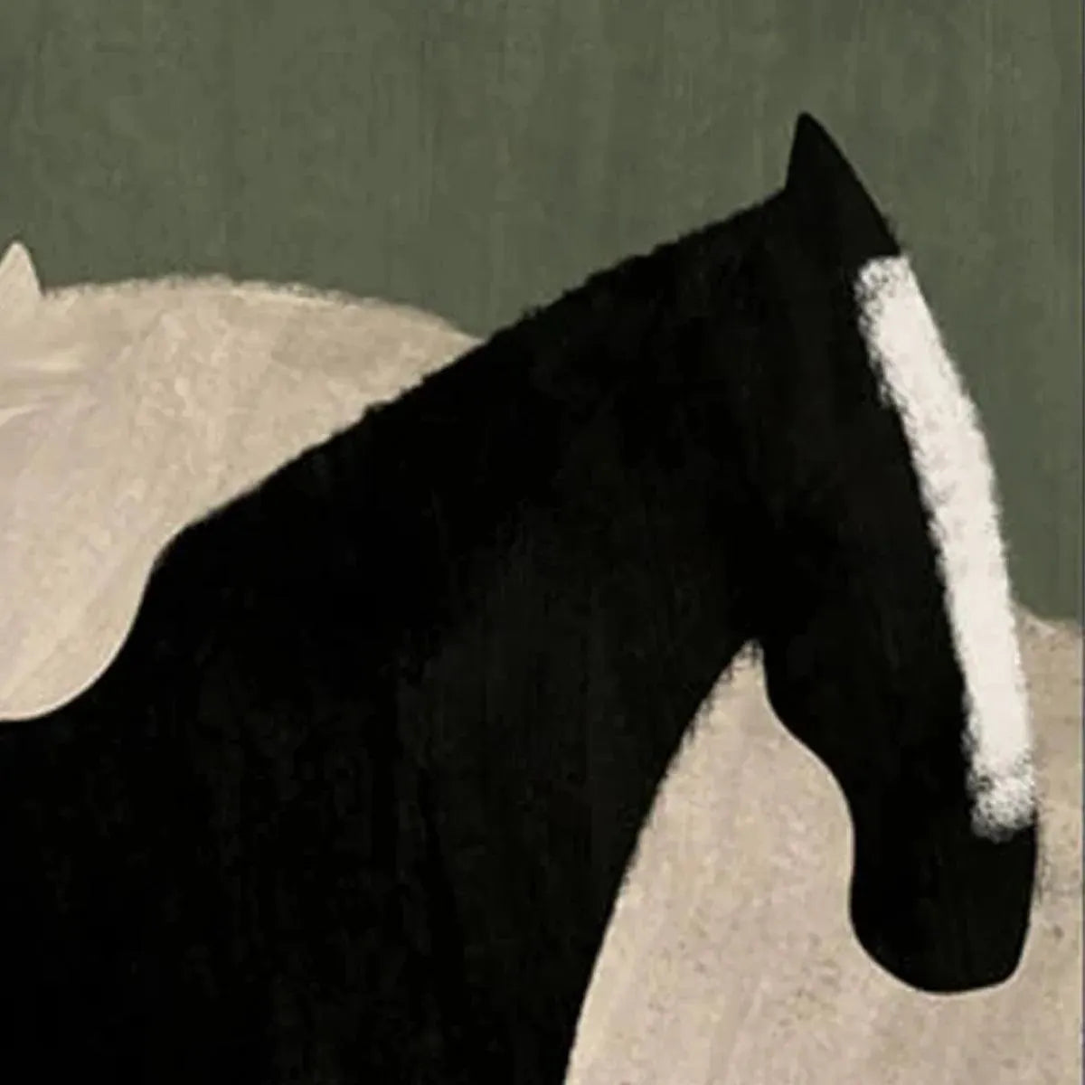 Abstract minimalist horse painting by Javier Ramirez, black horse with white stripe on green background, vertical wall art.