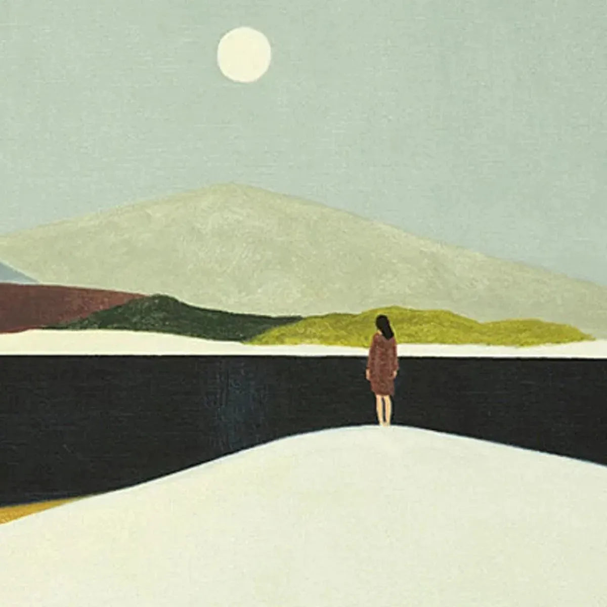 Isabella Rossi: Solitary figure in minimalist landscape painting, horizontal wall art, soft color palette.