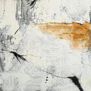 Textured abstract painting in brown, white, and black by Javier Ramirez. Modern wall art for home decor, vertical artwork.