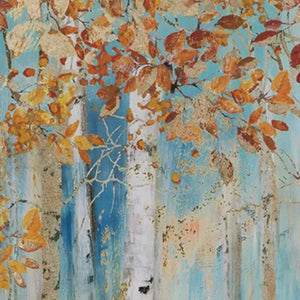 Golden Autumn Forest painting by Liam O'Connell. Square wall art, gold leaf, autumn forest scene.