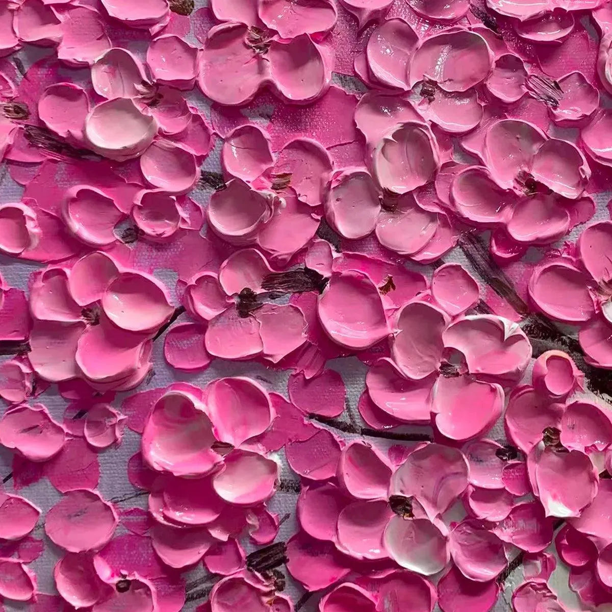 Impasto cherry blossom painting, Pink Blossom Abundance by Elodie Dubois. Textured pink petals on grey. Romantic wall art.