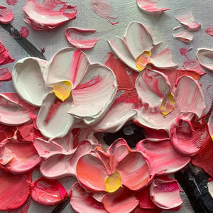 Springtime Serenade textured cherry blossom painting by Elodie Dubois, pink and white flower art
