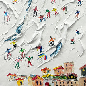 ALPINE SKI DAY art by Chak Yu Lam: Textured ski scene with colorful skiers on snowy mountain slope, vertical wall art