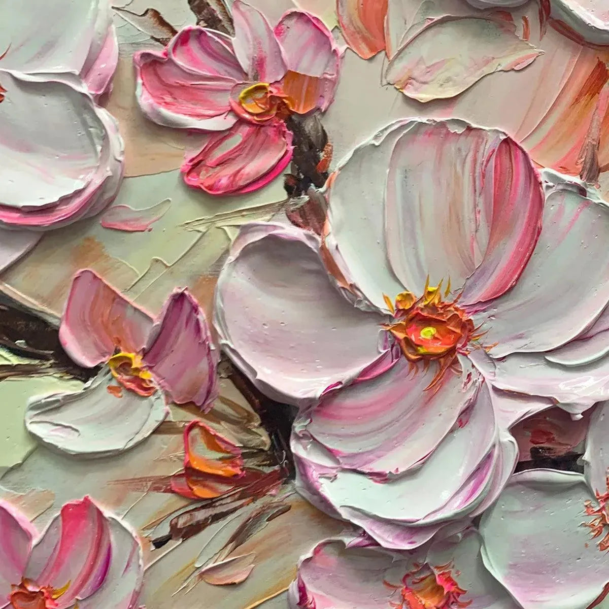 Cherry Blossom Dream painting by Elodie Dubois. Textured impasto blossoms in pink and white. Romantic wall art.