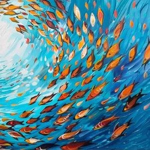 Oceanic Whirl painting, school of fish in blues and oranges. Chak Yu Lam art, horizontal wall art.