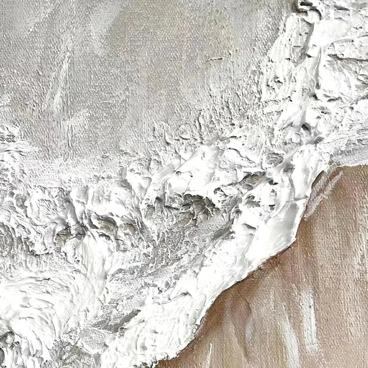 Close-up of Sandy Whispers painting by Liam O'Connell, showing textured white waves and beige sand, minimalist beach art.