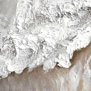 Close-up of Sandy Whispers painting by Liam O'Connell, showing textured white waves and beige sand, minimalist beach art.