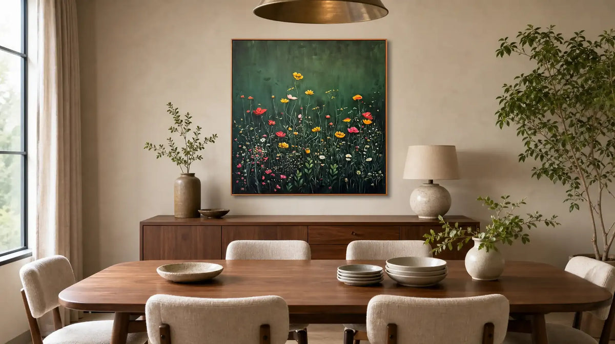 Dining room with a colorful wildflower painting centered on a beige wall, wooden furniture, and green plants.