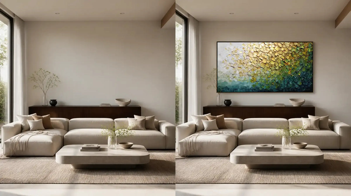 Living room before and after adding wall art to make the space feel finished