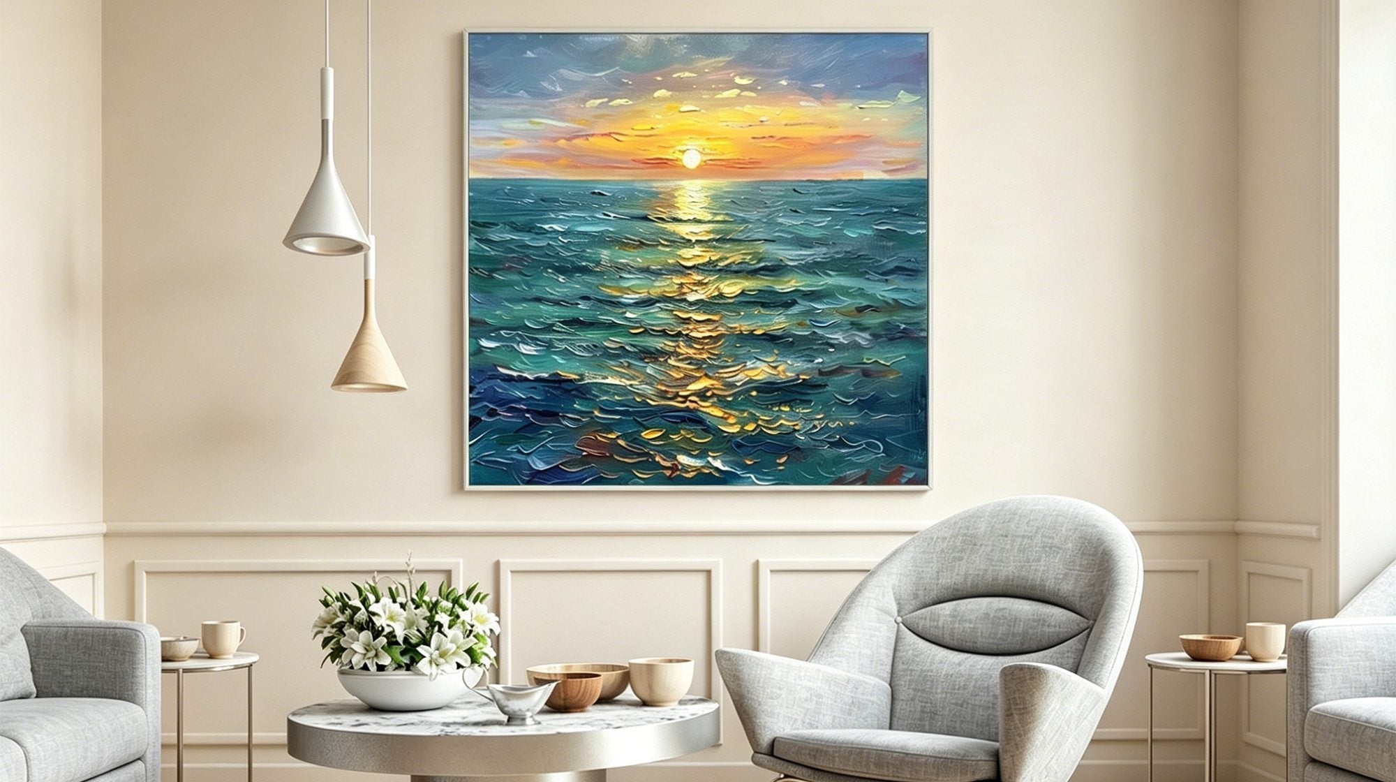 Textured ocean sunset painting hanging in a light modern sitting room