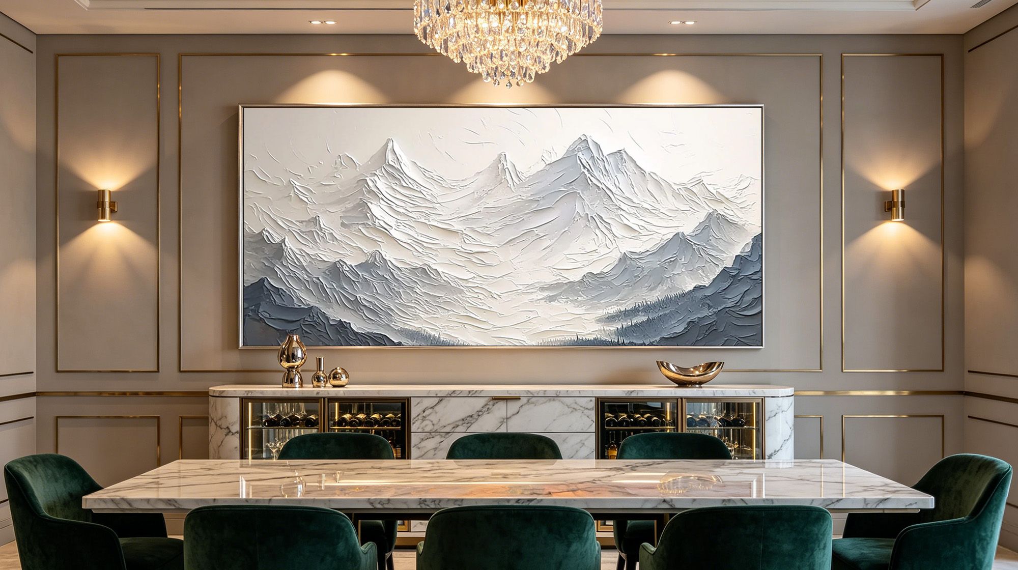 Montcarta large white 3D textured mountain wall art in a luxury dining room.