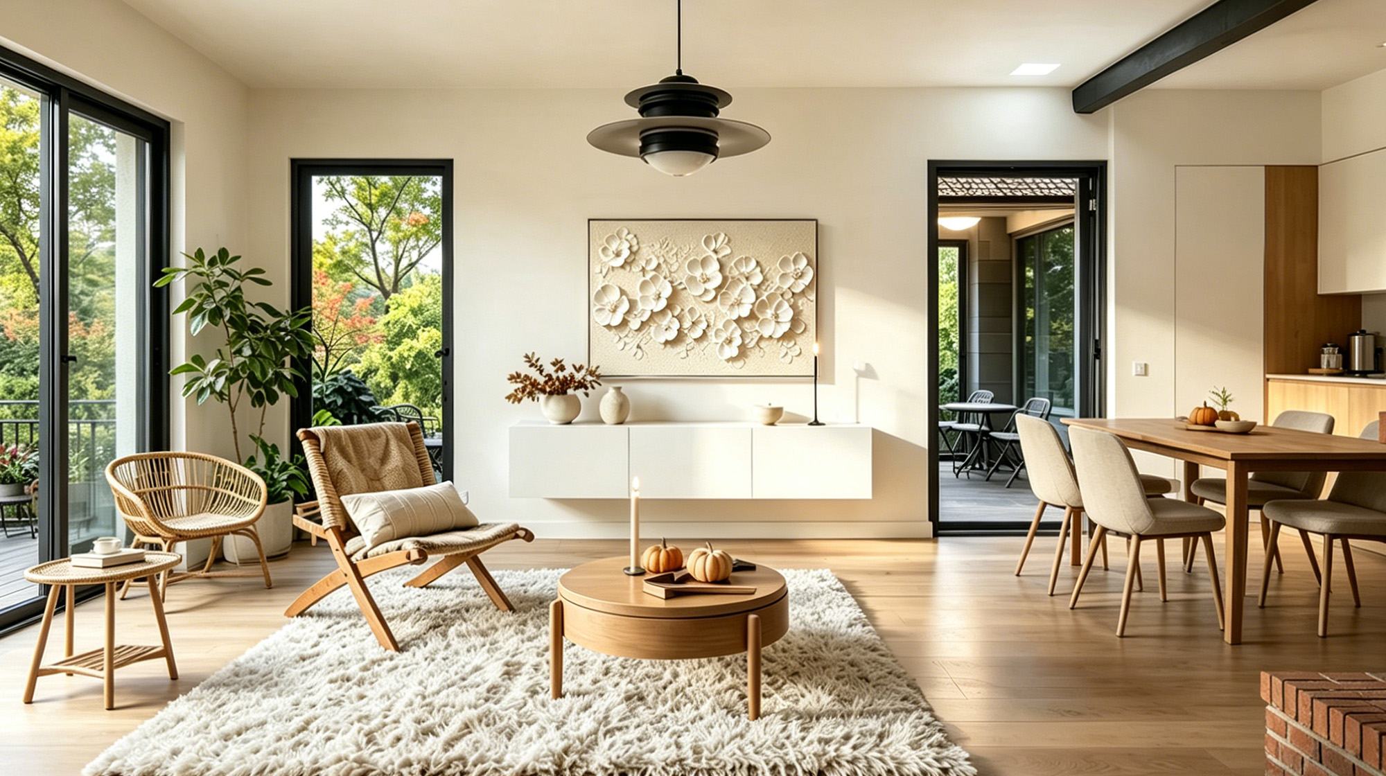 Montcarta white floral relief 3D wall art in a sunny neutral dining room.