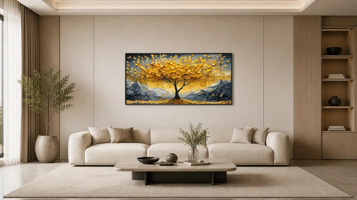 Hand-painted wall art displayed above a sofa in a modern living room