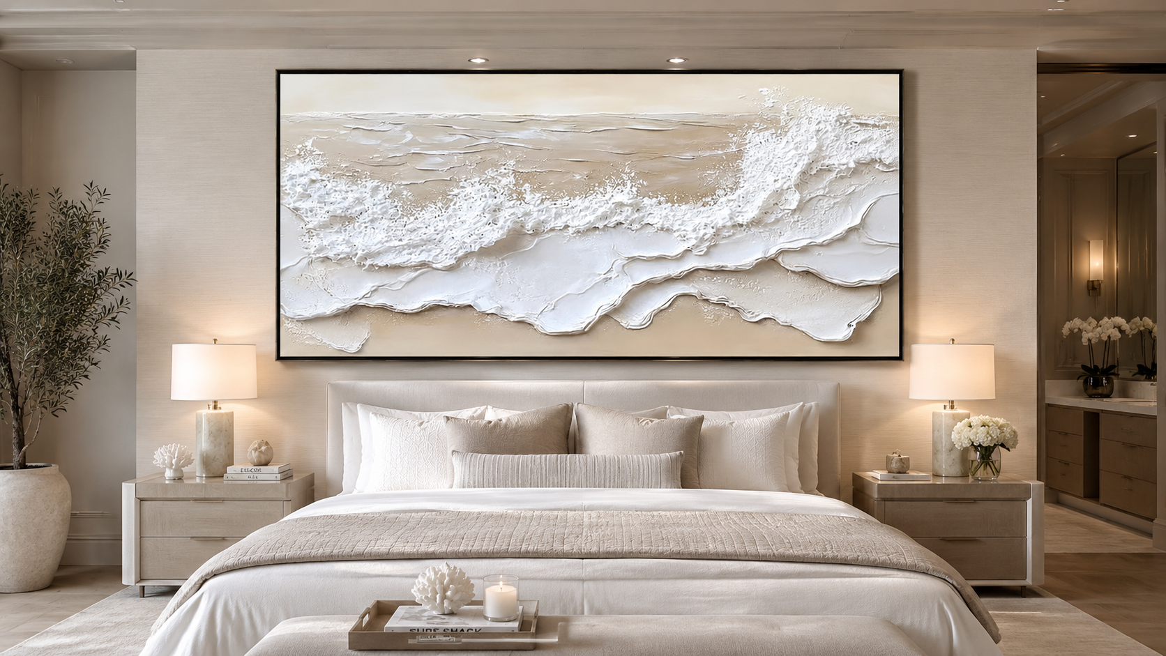 Montcarta large beige 3D ocean wave textured wall art above a neutral bed.