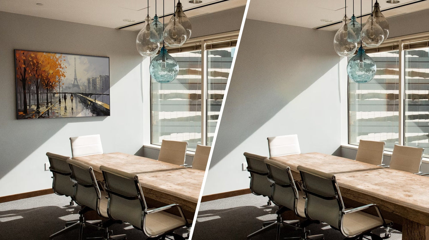 An oil painting of an autumn Paris street scene by MontCart, displayed in a sunlit modern office conference room above a large wooden table.