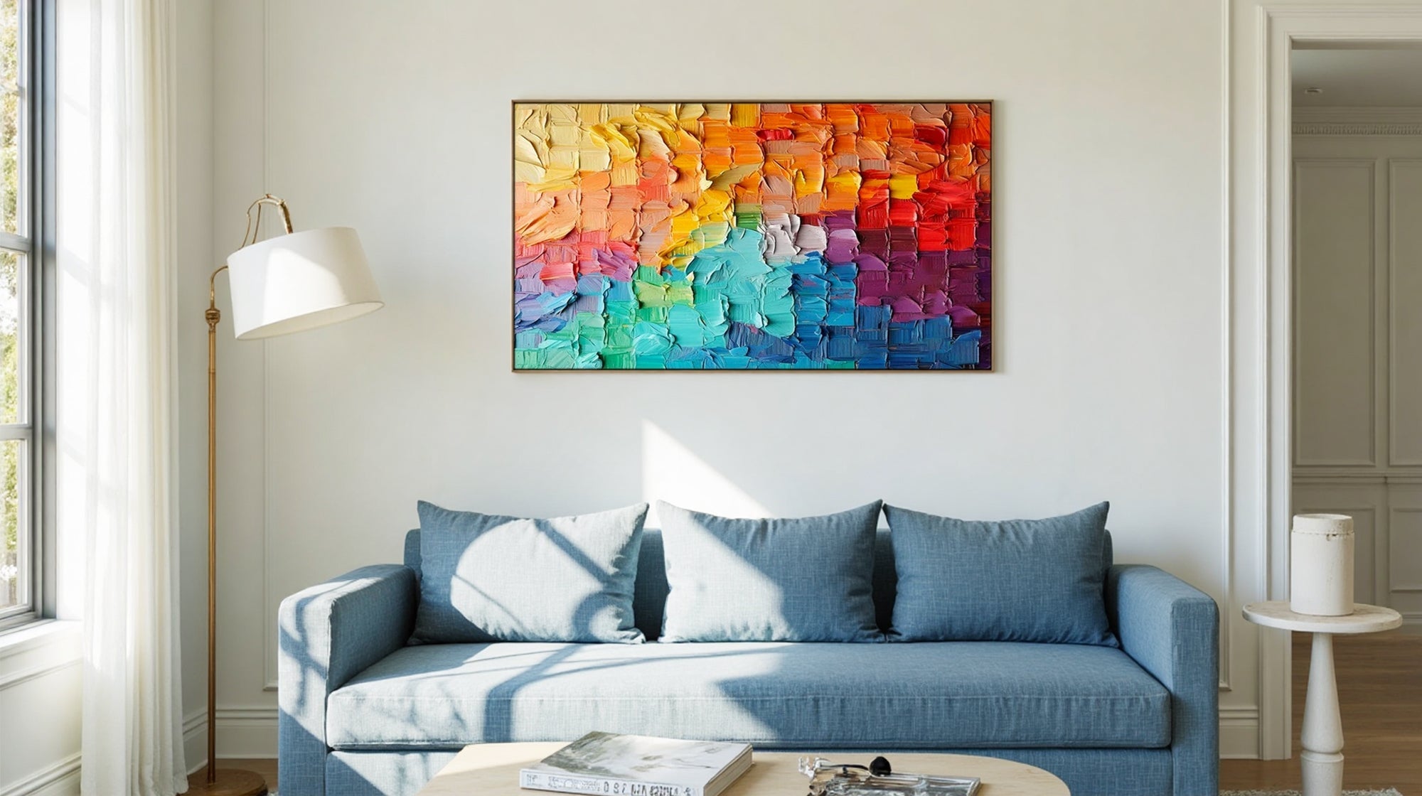 A vibrant, textured abstract painting by MontCart, featuring bold colors over a light blue sofa in a modern, sunlit living room.