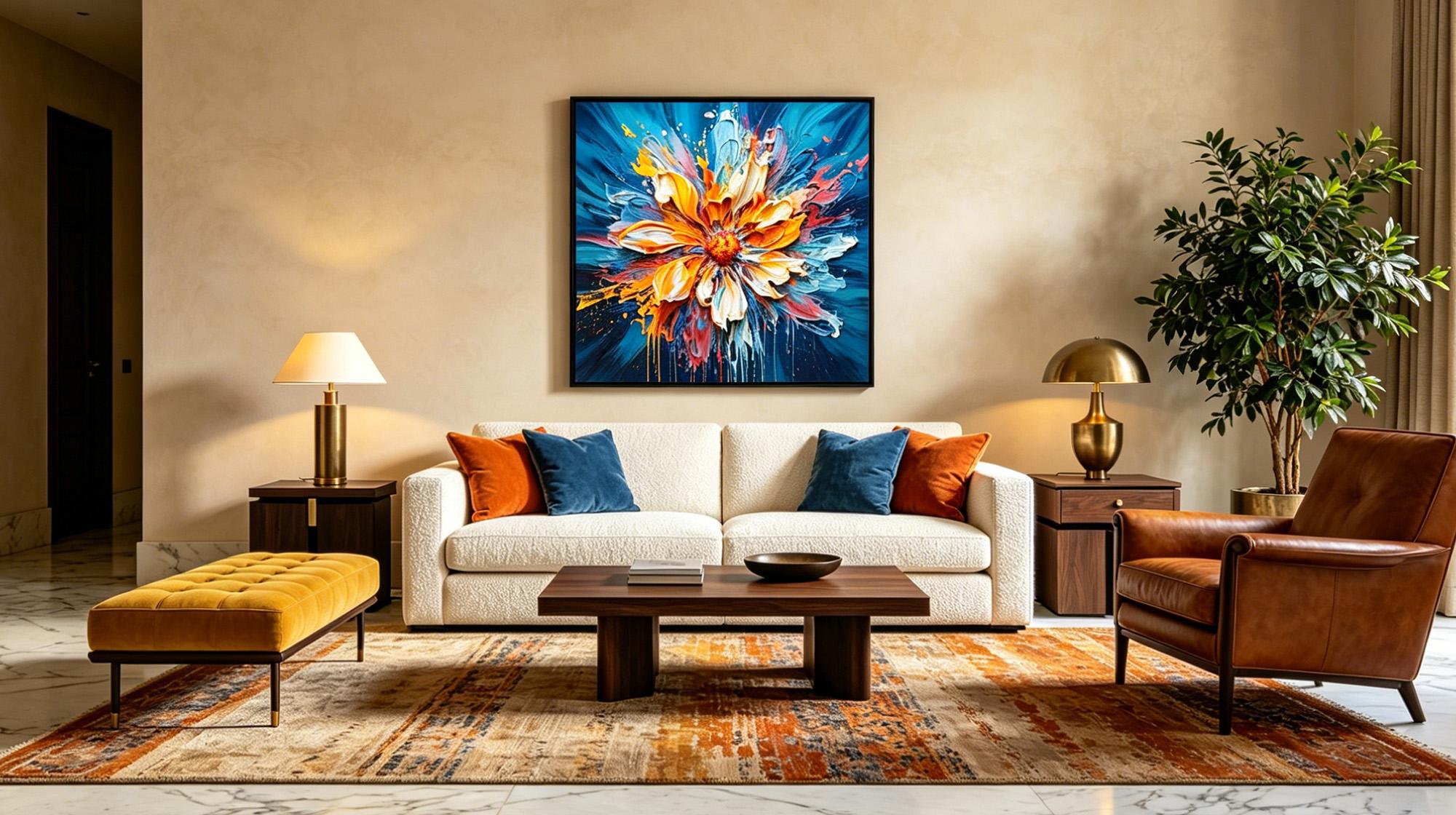 MontCarta bold abstract flower painting in blue and orange above a white sofa in a modern living room.