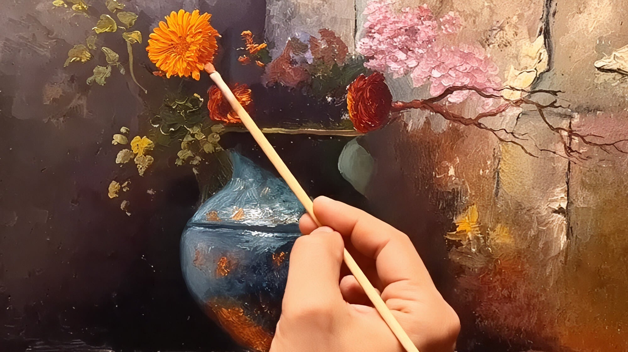 A hand holding a paintbrush, adding details to a still-life oil painting featuring a blue vase and vibrant flowers, with a deep-toned background.