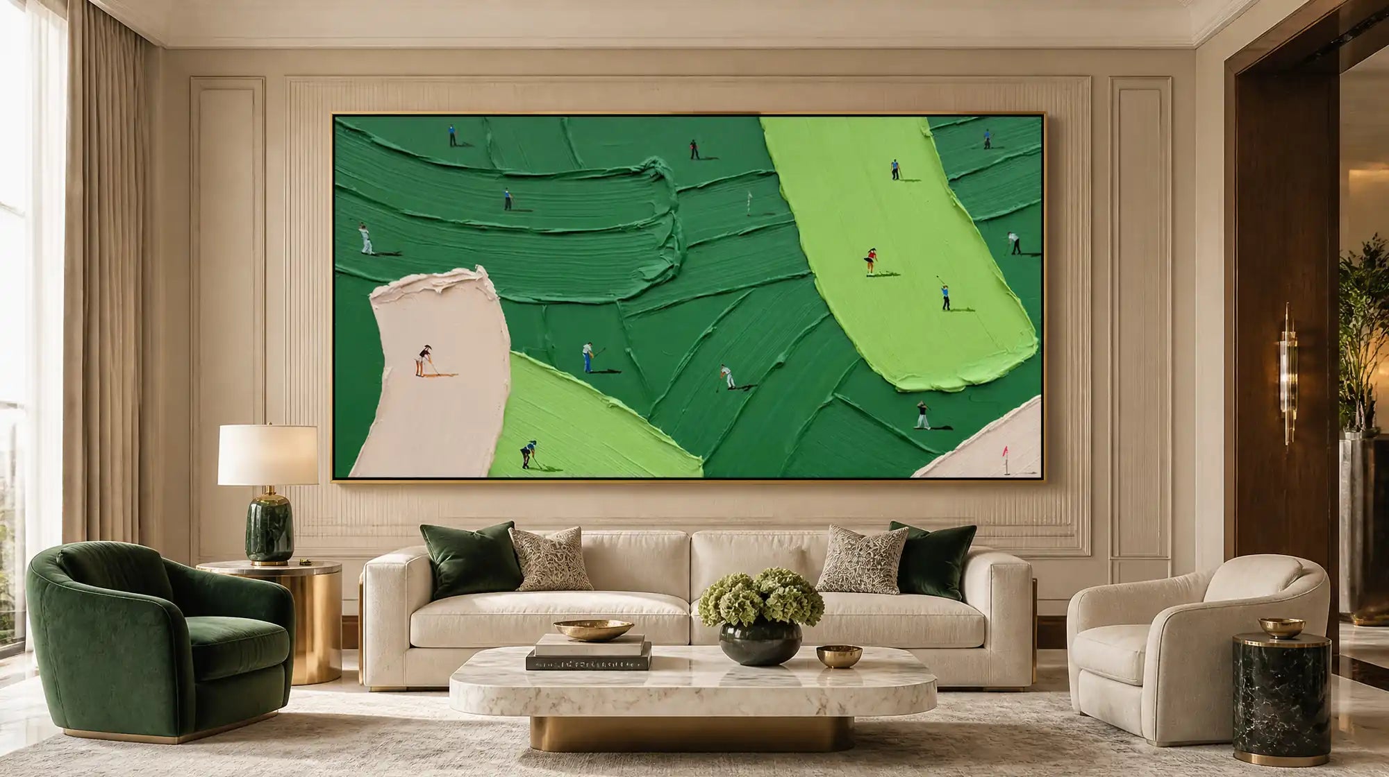 Montcarta large green abstract impasto textured golf course art over a living room sofa.