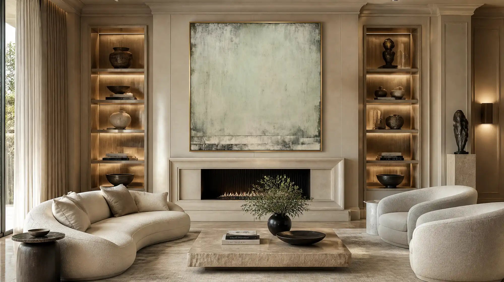 Montcarta minimalist plaster wall art textured painting above a modern living room fireplace.