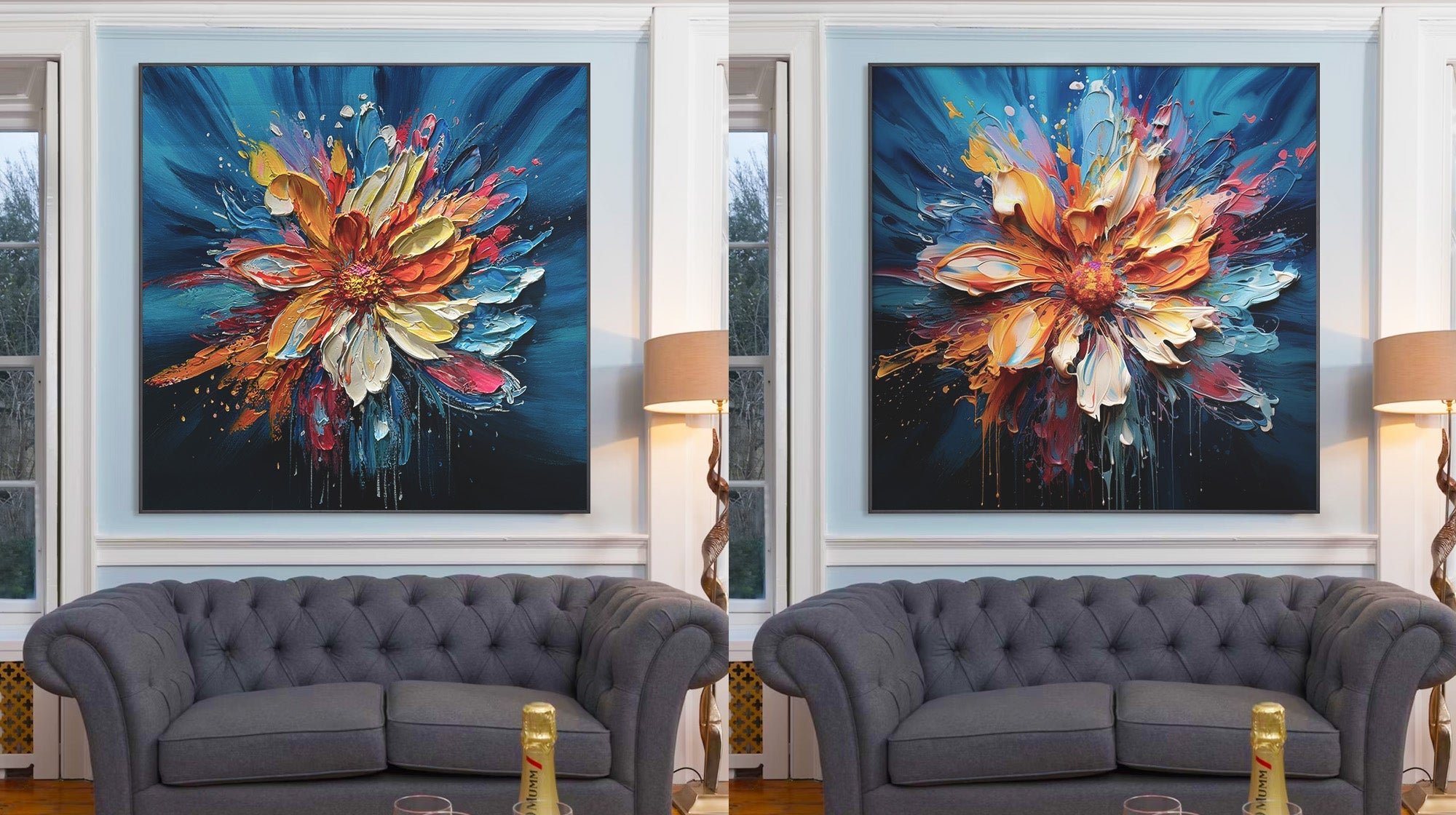A living room with a gray tufted sofa and a bold, colorful abstract flower painting on the wall, shown in two versions with slightly different lighting.