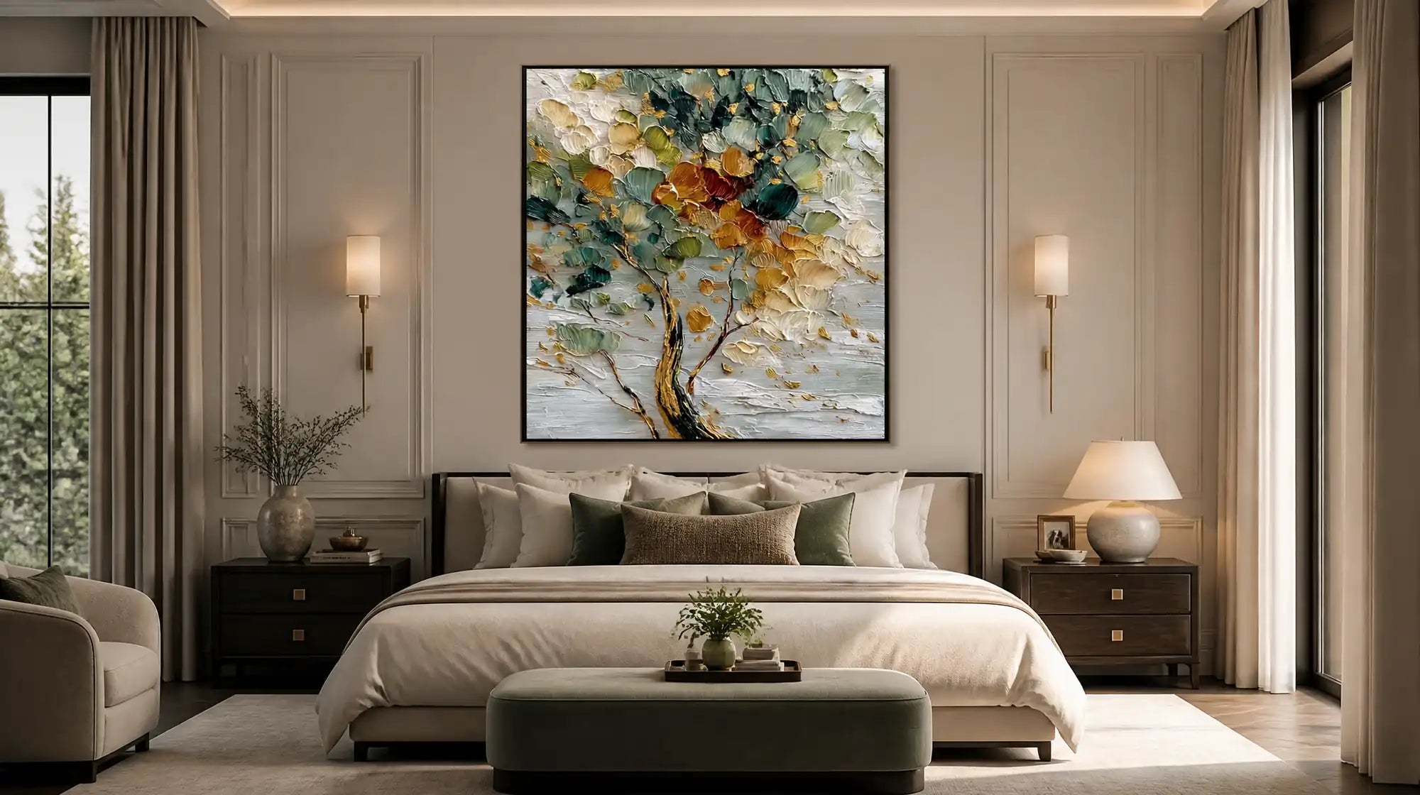 Montcarta large impasto tree canvas wall art properly scaled above a master bed.
