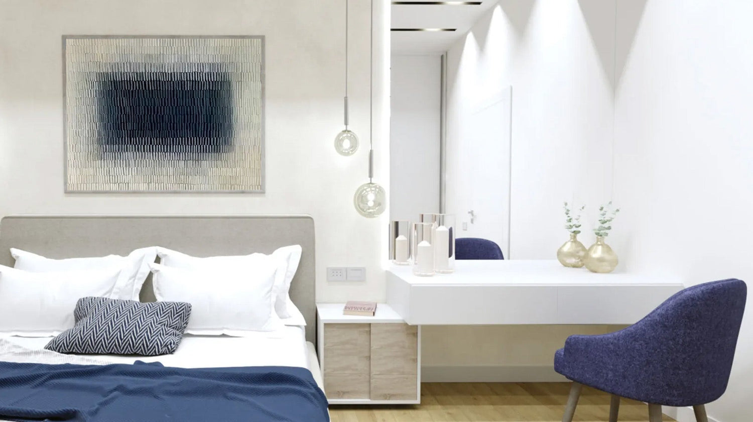 A modern bedroom with a blue and white theme, featuring an abstract textured painting above the bed.