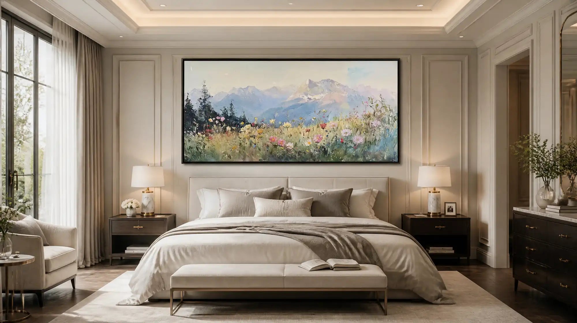 Montcarta large scenic landscape painting with wildflowers above a master bed.